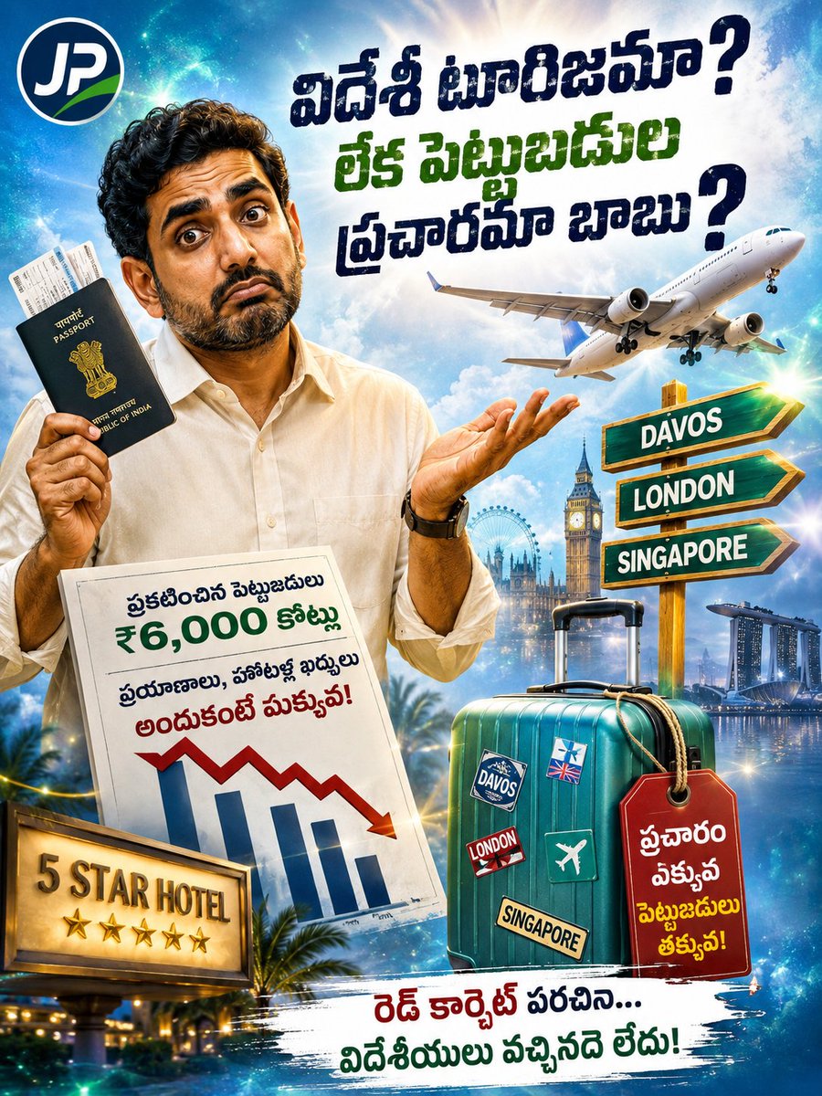 JPSREDDY123's tweet photo. విదేశీ టూర్లు ✈️ 
పేపర్లలో గ్రాఫిక్స్ 🗞️

CBN, లోకేష్ ప్రచారం: 
23 లక్షల కోట్ల పెట్టుబడులు, 
23 లక్షల ఉద్యోగాలు! 🤣

పార్లమెంట్ సాక్షిగా
సొంత ఎన్డీయే మంత్రి పీకిన పరువు: 
వచ్చింది కేవలం ₹6,962 కోట్లు,
2 కంపెనీలు,
22వేల ఉద్యోగాలు! 🤦‍♂️

ఇంకెన్నాళ్ళు
ఈ బూటకపు నాటకాలు? 🤫 
#Lokesh https://t.co/llQ2dvUICl