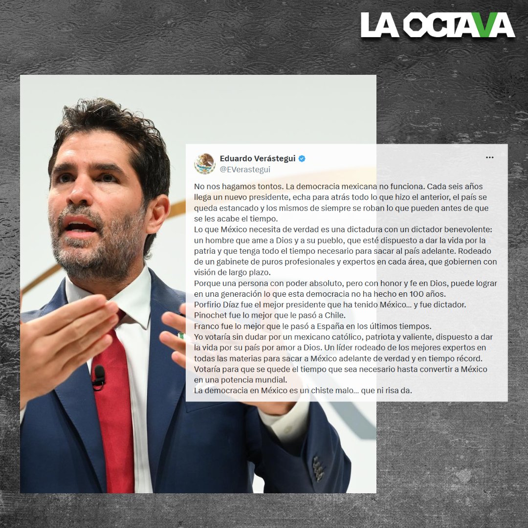 laoctavadigital's tweet photo. Eduardo Verástegui dice que México necesita una ‘dictadura’ de un hombre que ‘ame a Dios’

El ultraderechista @EVerastegui alegó que como “no funciona” la democracia, el país requiere un “dictador benevolente”, y defendió las dictaduras de Pinochet y el fascismo en España. https://t.co/XRrFoblrG2