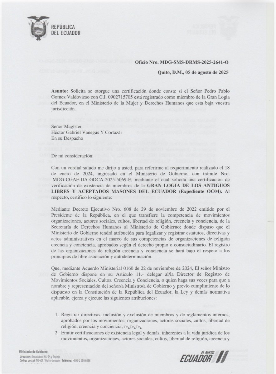 GranDistri26ht's tweet photo. @ladataec 

Pedro Pablo Gómez no es miembro de la Orden lo ratifica el Ministerio del ramo https://t.co/RLQmHWeYLI