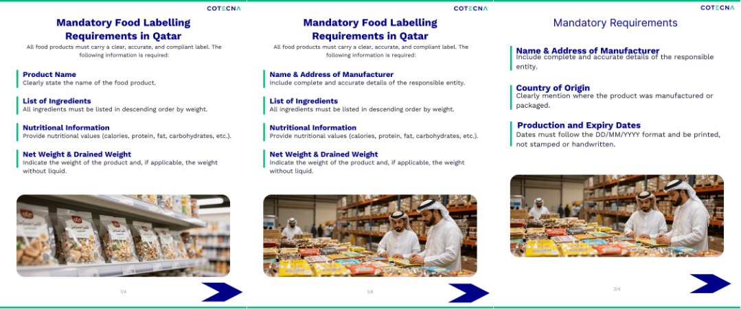 CotecnaME's tweet photo. Exporting food to Qatar? 🇶🇦 

Small labelling errors can mean costly delays, border rejections, or penalties. Get it right the first time with Cotecna’s expert label reviews and certification support. 

Ready to export? Contact us: https://t.co/F1Z5dlGrJF https://t.co/Db0qs0mLY4