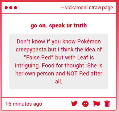 vickaroonii's tweet photo. this is funny as hell bc a pokemon creepypasta is the reason im so obsessed with leaf now and its how i met a lot of my friends several years ago. leaf probably already feels like she's in false red constantly LMAO she isn't red and she will never be https://t.co/9CLfSWUKx2