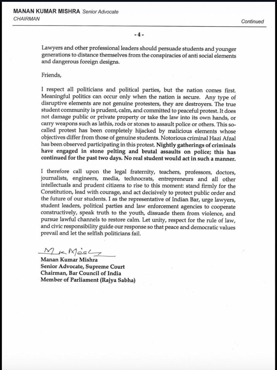 Bharatpolicies8's tweet photo. This is interesting.

The Bar Council of India has issued an appeal to the country's intellectuals, urging lawyers and other professionals to step in and help safeguard the nation amid the ongoing student protests.

According to its press release, foreign adversaries are attempting to destabilize India, while innocent students are being misled and used. It further alleges that anti-social and anti-national forces have hijacked the agitation with the objective of undermining the country.

🇮🇳🇮🇳