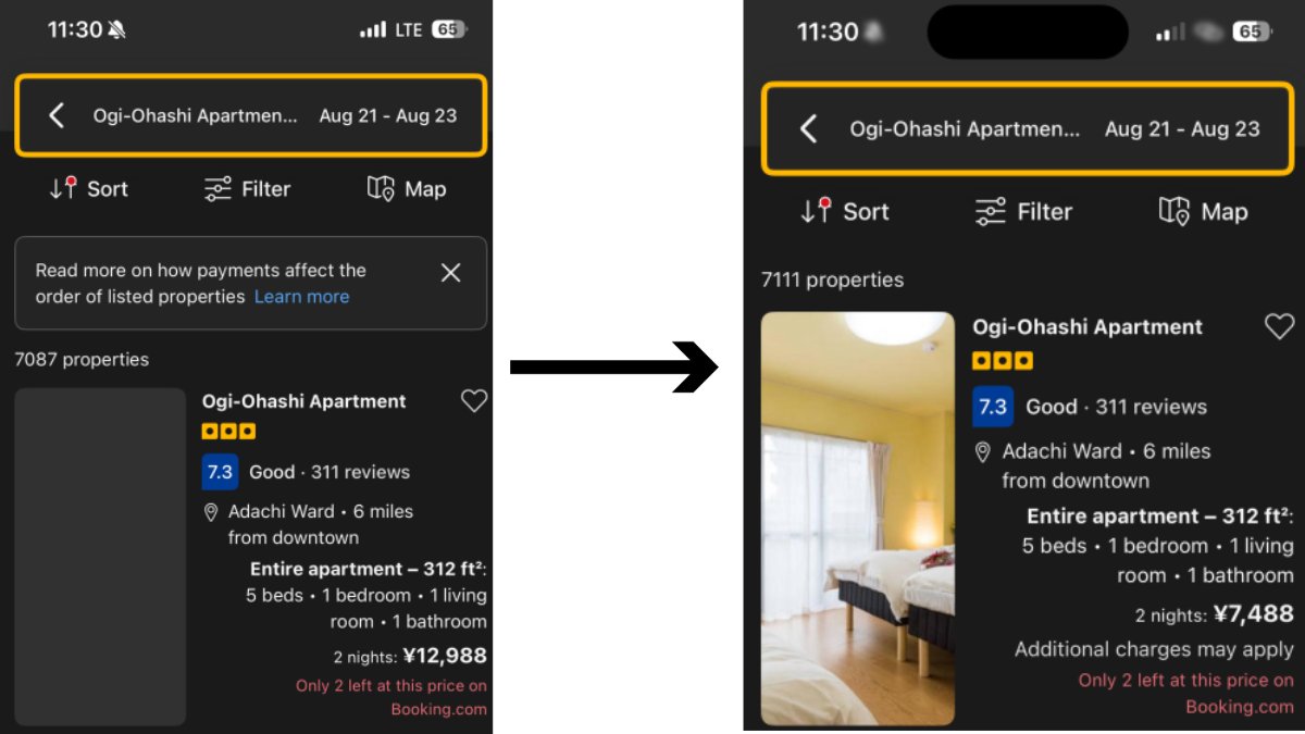 mrjeffu's tweet photo. Beware tourists visiting Japan: you might be paying a higher foreigner price for your room.
An American friend sent me these screenshots from Booking dot com. It dropped the price of a place from 12,988 yen ($80) to 7,488 yen ($45) after he connected to a Japanese Wi-Fi network. https://t.co/Pscs3FIOlW