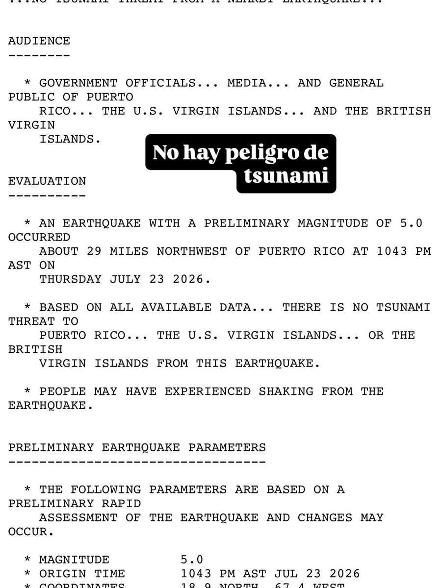 DeborahTiempo's tweet photo. Temblor sentido magnitud preliminar 5.0 a las 10:42pm al noroeste de PR. No hay peligro de tsunami. https://t.co/DqI4MkYkqf