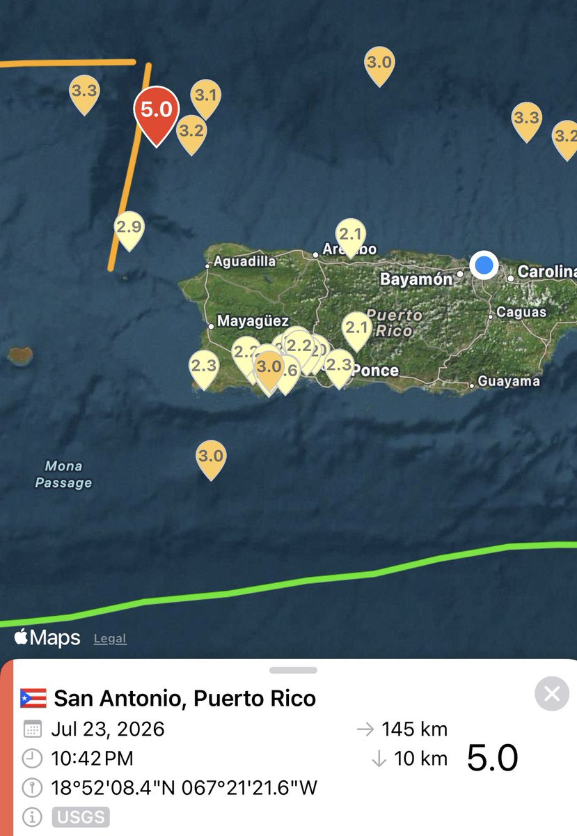 DeborahTiempo's tweet photo. Temblor sentido magnitud preliminar 5.0 a las 10:42pm al noroeste de PR. No hay peligro de tsunami. https://t.co/DqI4MkYkqf