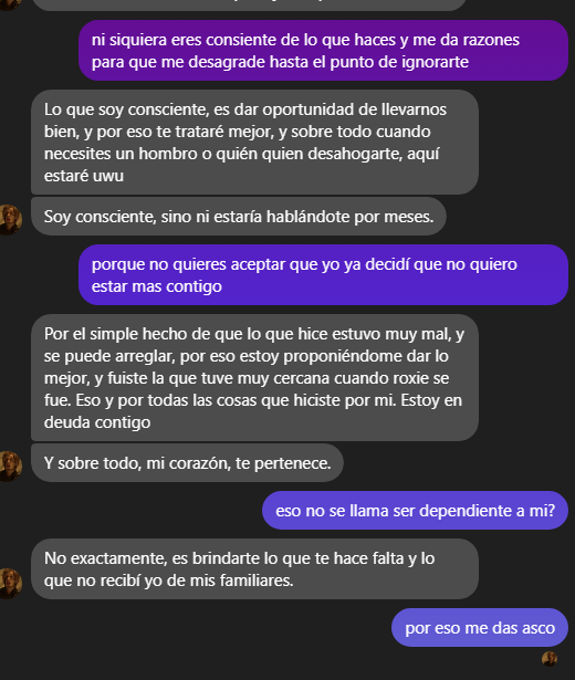 BSophie19's tweet photo. PARTE 3
lo mas ridículo y patético es recurrir a roleos para recuperar una relación que ya no sirve, ignorando mis sentimientos y mis limites, se delata a si mismo por su enorme pánico al abandono, y recurrir a lo que seria la manipulación y abuso psicológico para no quedar solo https://t.co/RafervPq0R