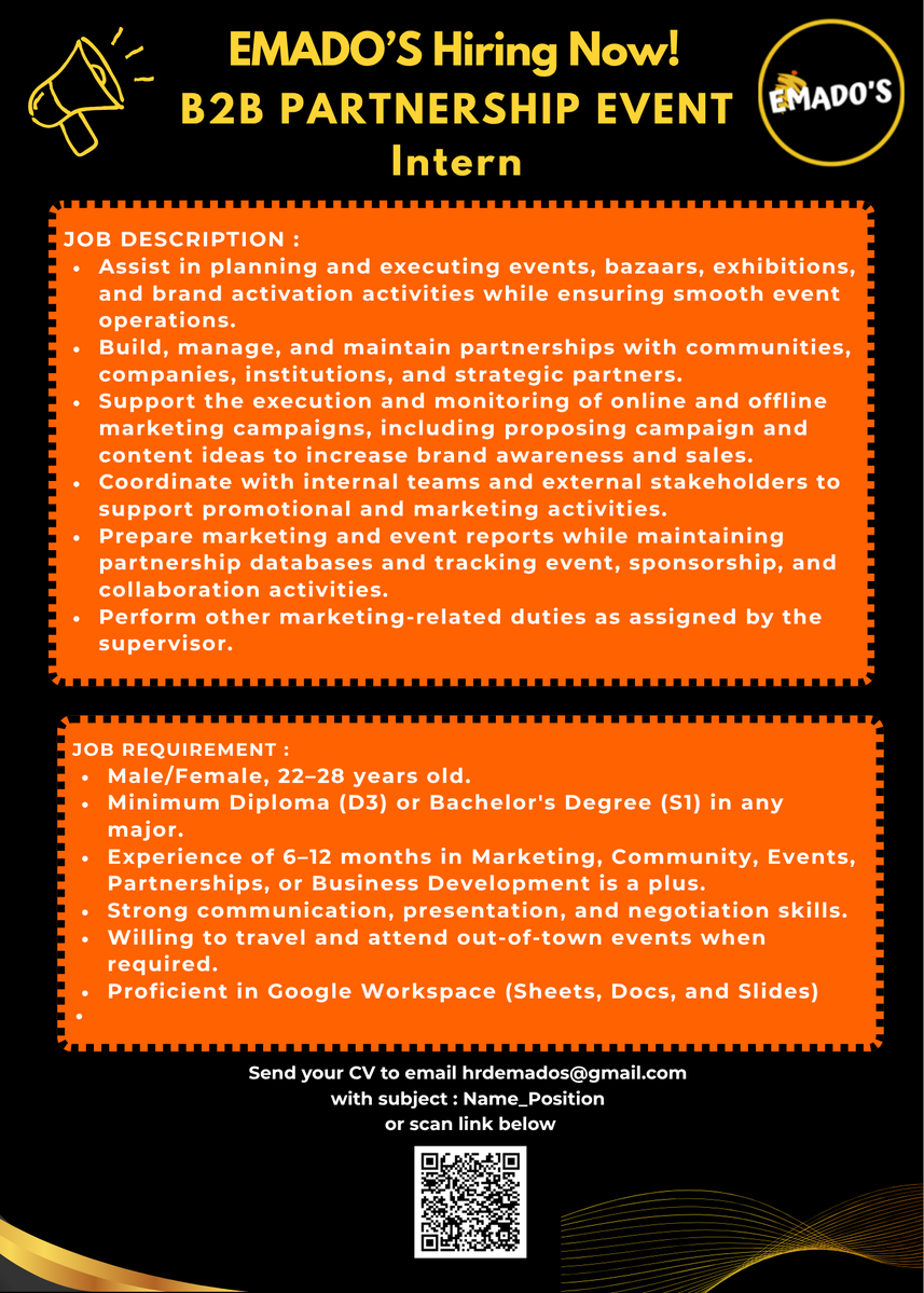 CDCUIcareer's tweet photo. #InternshipVacancy PT Emados Kebab Indonesia
π We're Hiring | B2B Partnership Event Intern For Patch Me
Passionate about events, communities, & building meaningful partnerships? Join Emado's with sister brand Patch Me & be part of our growing team!
What You'll Do:
β¨ Organize https://t.co/bwNTnPwq9W