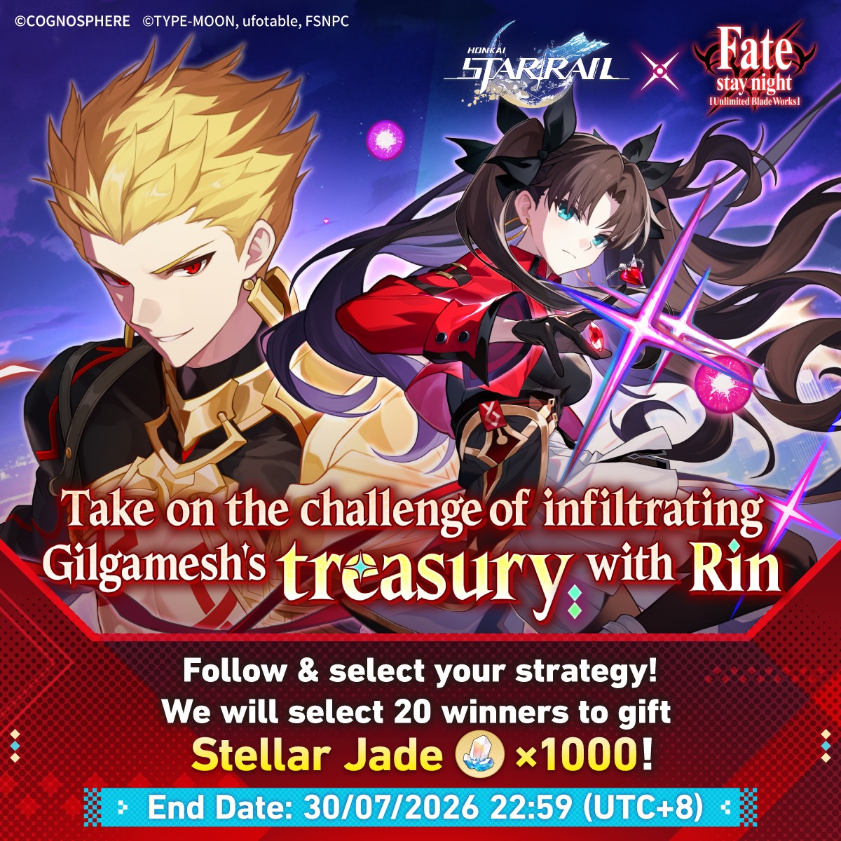 honkaistarrail's tweet photo. Rin Tohsaka &amp; Gilgamesh Simultaneous Rate-Up

Honkai: Star Rail × Fate[UBW] Collab in Progress
Team up with Rin and steal some treasures from Gilgamesh's treasury

Follow &amp; select a strategy to submit and get your results immediately
We will select winners to gift Stellar Jades.