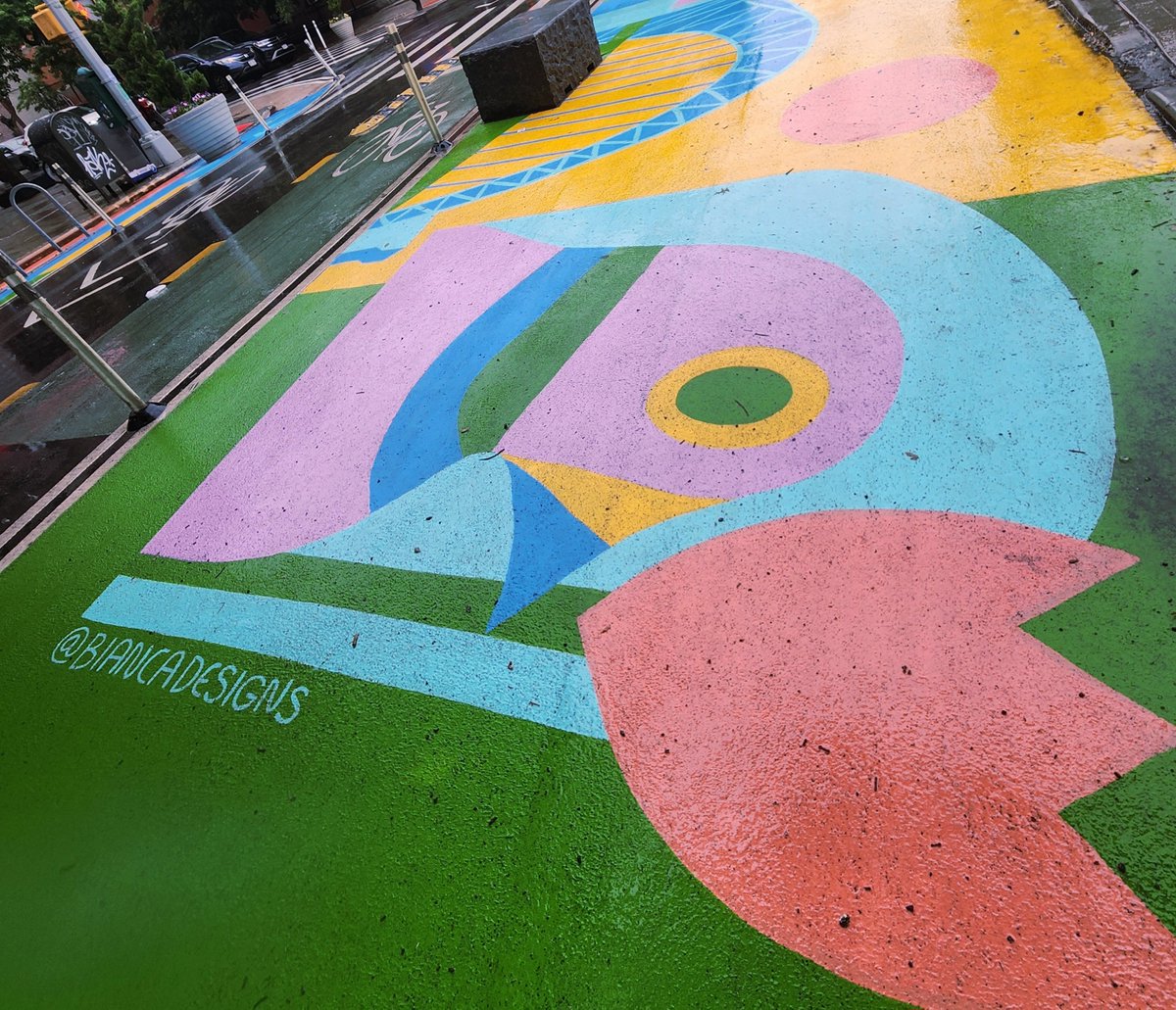emilyagain's tweet photo. The 31st Ave Open Streets team painted 31st Ave with this beautiful mural that lasts several blocks, and this is exactly why we need real local artists and not AI slop: it totally brightens many commutes even when it's dreary out and was made with a lot of heart, s/o Sally Chen! https://t.co/6FDMoYaRno