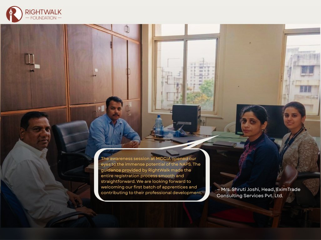 RightWalkIndia's tweet photo. Registering as an apprenticeship establishment is free and it only takes a few steps online. 
But most small business owners have never tried it. Many don't even know it applies to a business like theirs, not just manufacturing units or factories.

That is the gap we try to close with our awareness sessions.

A month back, we held one such session in Pune, for more than 30 women entrepreneurs at MCCIA (Mahratta Chamber of Commerce, Industries and Agriculture). One of them, Smt. Shruti Joshi ji, runs an export-import advisory firm in Kothrud an upmarket residential and commercial hub in west central Pune. Before that morning, she had never even heard of the scheme.

Forty one days and two conversations later, her company, EximTrade Consulting Services Private Limited, was registered on the NAPS portal, with four positions open for apprentices.

What changed wasn't the scheme. The scheme already existed. What changed was that someone sat down with her HR team, led by Smt. Aditi Pavtekar ji, explained the process in plain words and answered the questions the portals take time. That, we think, is where most schemes lose people. Not in the policy, but in the everyday confusion around using it.

Four positions from one business is a small number on its own. But repeat this conversation enough times and it stops being small.

If a simple conversation is often the missing piece, not the policy, what would it take to have more of these conversations happen?

#skillindia #apprenticeship #HR #NAPS #rightwalk