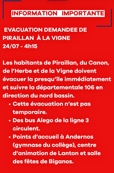 L_ThinkTank's tweet photo. ‼️ [ 🇫🇷 FRANCE ]

🔸 Un nouvel ordre d’évacuation immédiate a été demandé pour les habitants :

▪️ de Piraillan
▪️ du Canon
▪️ de l'Herbe
▪️ de la Vigne 

⚠️ Les habitants de ces villages doivent évacuer IMMÉDIATEMENT la presqu’île du Cap-Ferret.