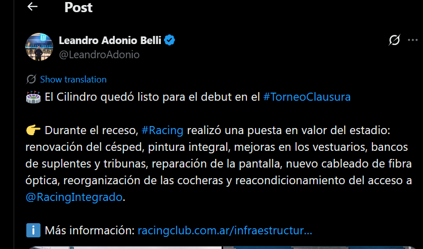 BrunoAkd's tweet photo. Que chupa pija que es este Leandro Adonio Belli. No se lo puedo decir porque me tiene bloqueado. 
Pero decir "#Racing realizó una puesta en valor del estadio"??? Te hace falta usar palabras de discurso oficialista para decir que hubo arreglos en la cancha? https://t.co/YphuhBX3Xc