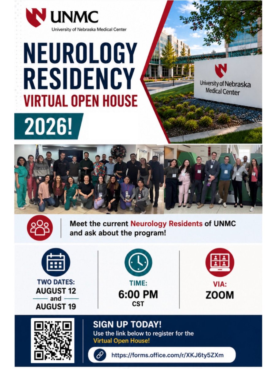 NeurologyUNMC's tweet photo. Thinking about a career in neurology?
Join the UNMC Neurology Residency Virtual Open House!
Meet our residents and faculty, learn about our program, and ask your questions live.
Register using the QR code or link in the graphic. https://t.co/niD3matlF9