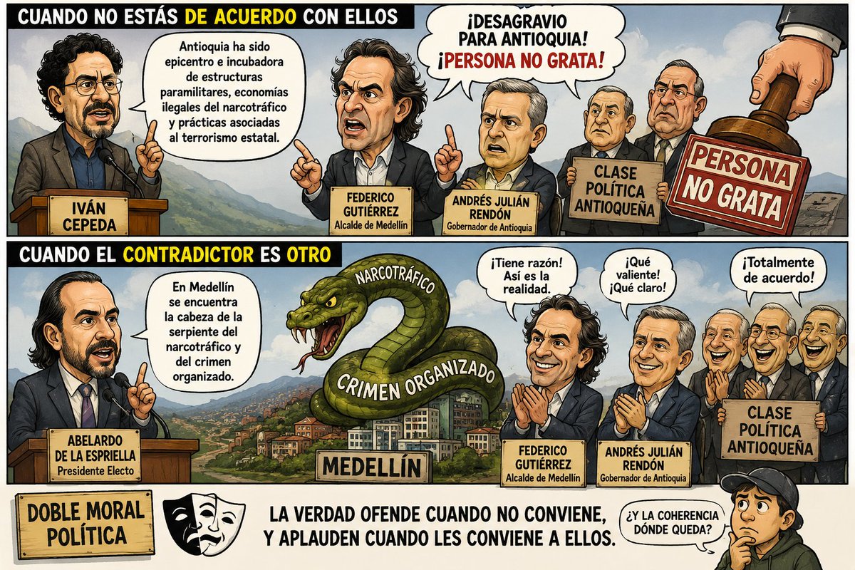 Elpacificop's tweet photo. ¿El problema es lo que se dice... o quién lo dice?

En la política colombiana, el termómetro de la indignación parece cambiar según el color político del protagonista. https://t.co/jxX7NTJ2c5