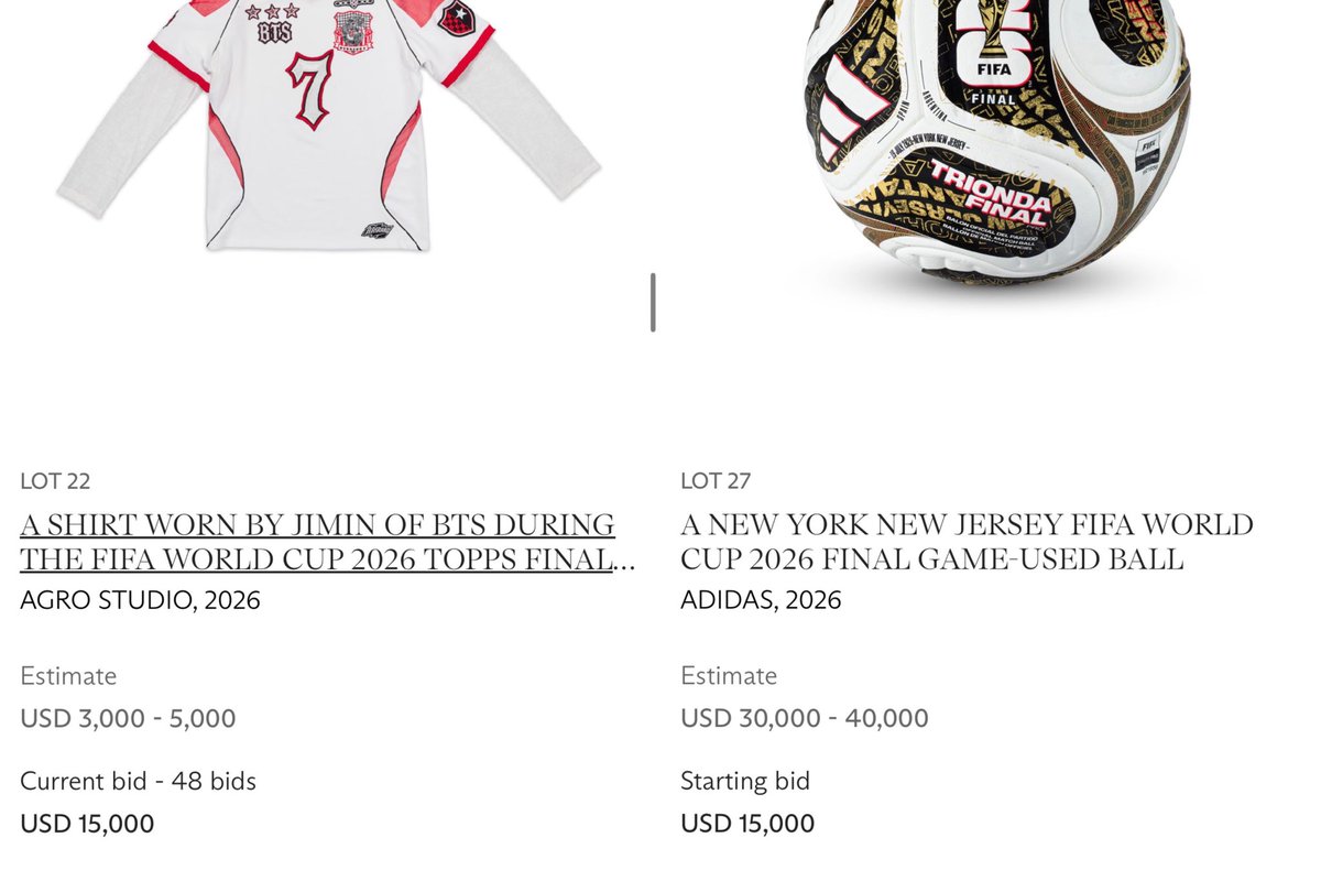 JAMJAMPICS's tweet photo. the current bid for the shirt Jimin wore during BTS’s World Cup performance is now tied with the starting bid of the ball that was used during the final game. both at $15,000🏆⚽️ https://t.co/v24Gs05OPn