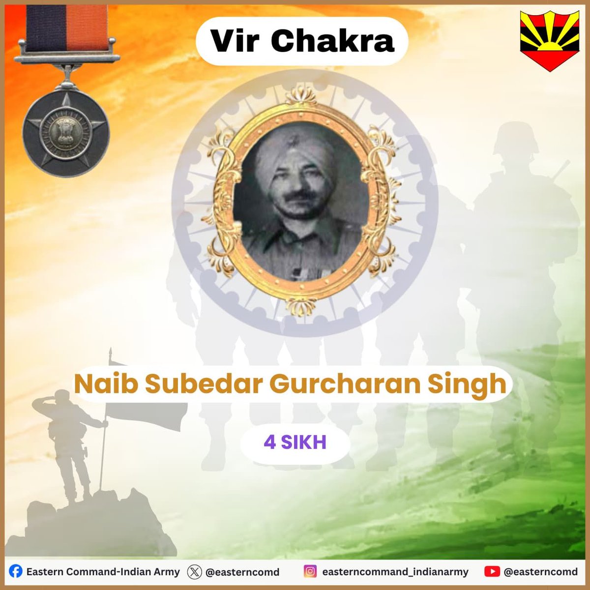 easterncomd's tweet photo. #IndianArmy
#EasternCommand
#FearlessFriday
#InTheLineofDuty
On 01 April 1972, Naib Subedar Gurcharan Singh of 4 SIKH was a Platoon Commander occupying a Defended Area in the Eastern Sector. Two enemy Platoons supported by Medium Machine Guns established themselves between two Company Defended Locations and brought down heavy and accurate fire on them. Naib Subedar Gurcharan Singh led his Platoon in a lightning attack but was pinned down. He skillfully moved one of his Light Machine Guns to an advantageous position for neutralizing the enemy's weapons. Crawling from man to man, he inspired and exhorted his troops to get up and assault. Undeterred by the enemy fire and with disregard for his own safety, he led the assault. Unnerved by this attack, the enemy hastily withdrew.
Naib Subedar Gurcharan Singh was awarded #VirChakra for his undaunted courage, determination, leadership and indomitable spirit. His bravery will inspire the generations to come.
01 अप्रैल 1972 को 4 सिख के नायब सूबेदार गुरचरण सिंह Eastern Sector में एक Defended Area में प्लाटून कमांडर के रूप में तैनात थे। दो दुश्मन प्लाटून, जिन्हें Medium Machine Guns का support प्राप्त था, दो कंपनी Defending Area के बीच आकर भारी और सटीक फायरिंग करने लगीं। नायब सूबेदार गुरचरण सिंह ने अपनी प्लाटून का नेतृत्व करते हुए तीव्र आक्रमण किया, लेकिन वे दुश्मन की गोलीबारी में फँस गए। उन्होंने सूझ-बूझ और कौशल से अपनी एक लाइट मशीन गन को बेहतर स्थिति में तैनात कर दुश्मन के हथियारों को निष्क्रिय करने का प्रयास किया। वे अपने सैनिकों तक रेंगते हुए पहुँचे, उन्हें उत्साहित किया और आगे बढ़कर हमला करने के लिए प्रेरित किया। दुश्मन की लगातार फायरिंग और अपने जीवन की परवाह किए बिना, उन्होंने स्वयं आक्रमण का नेतृत्व किया। उनके इस साहसिक कदम से भयभीत होकर दुश्मन को पीछे हटना पड़ा।
नायब सूबेदार गुरचरण सिंह को उनके अदम्य साहस, दृढ़ निश्चय, नेतृत्व क्षमता और अटूट जज़्बे के लिए #VirChakra से सम्मानित किया गया। उनका शौर्य आने वाली पीढ़ियों को सदैव प्रेरित करता रहेगा।
#RememberAndNeverForget
#LestWeForgetIndia
#GallantryAwards
#IndianWarHeroes
#VeerGatha
@adgpi
@SpokespersonMoD
@HQ_IDS_India
@official_dgar
@ProDefKolkata
@HQ_DG_NCC
Facebook - https://t.co/D0YamLgB8P
Instagram - https://t.co/PYlq7XlJYc