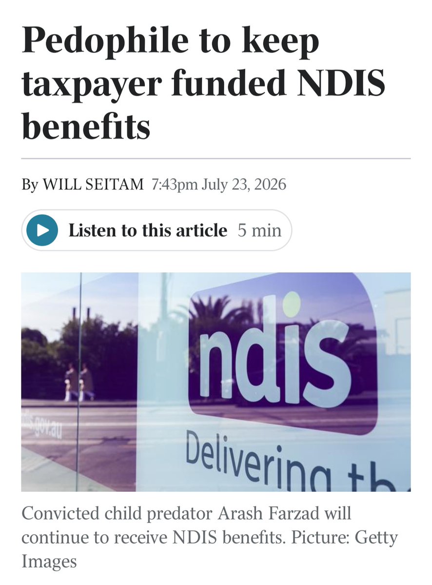 FranMooMoo's tweet photo. Australian taxpayers are funding NDIS benefits for a child predator who raped a 12 year old girl and, after complaining he was sent too many male support workers, demanded female workers "wash him" and "shampoo his hair''. The Australian has reported that Arash Farzad will receive a range of services while living in the NSW community.
Link below.