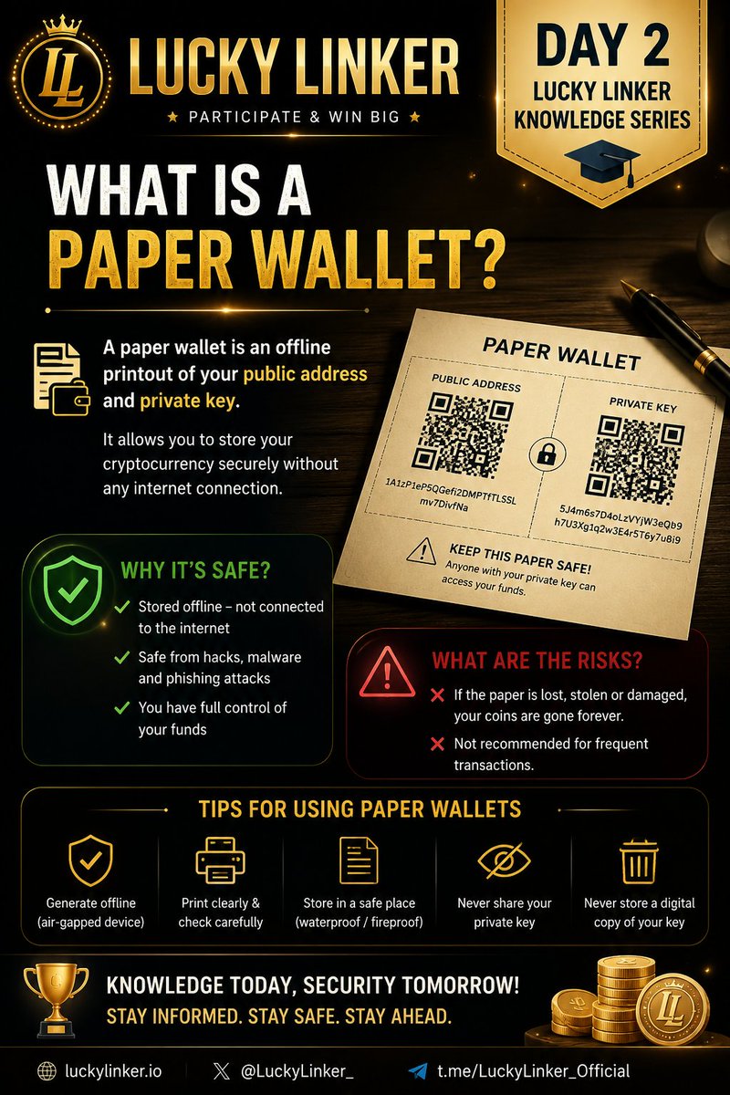 luckylinkerlabs's tweet photo. 📜 Lucky Linker Knowledge Series – Day 2
"A Paper Wallet—offline, secure, and silent. Guard it well, for lost parchment begetteth lost fortune."
#LuckyLinker #Crypto #Web3 https://t.co/D7OEiCS2IN