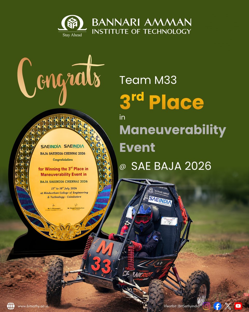 Bitsathyindia's tweet photo. 🏁Congratulations to Team M33 (Team CRANKRIOT) on their outstanding performance at #SAEBAJA2026

🥈2nd – Endurance Event
🥉3rd – Suspension Event
🥉3rd – Maneuverability Event
A remarkable display of engineering excellence, innovation &amp; teamwork

#bitsathy  #teambit #lifeatbit https://t.co/4i036hXbPT