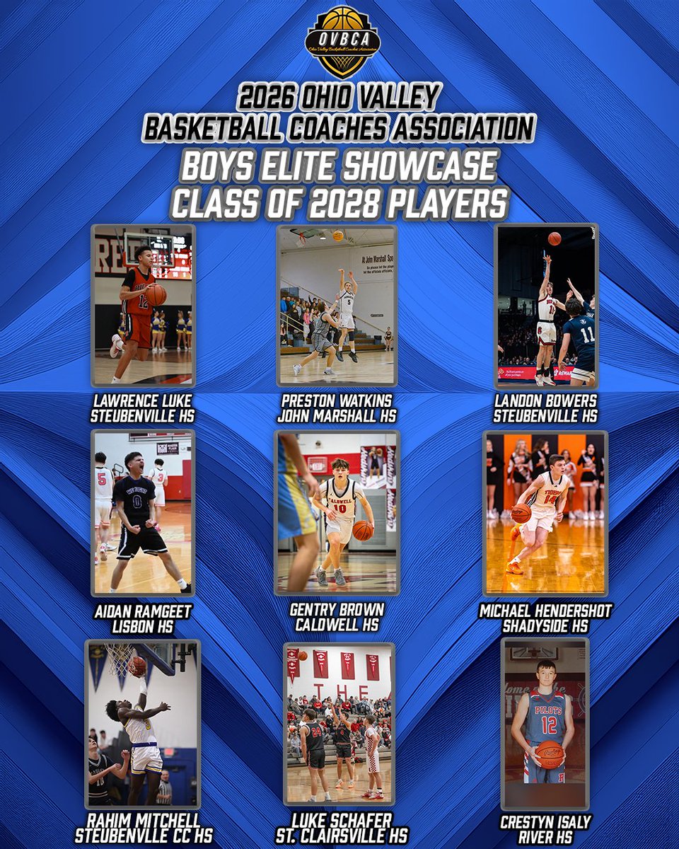 OVAC_One's tweet photo. These nine players from the Class of 2028 have been accepted to the 2026 Ohio Valley Basketball Coaches Association Elite Showcase this Sunday, July 26!

These players and dozens of other boys and girls players will have the opportunity to show their skills to collegiate coaches and scouts at The ECO Center in St. Clairsville.