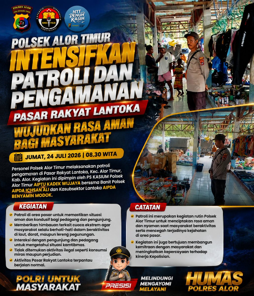 AlorPolres's tweet photo. Polsek Alor Timur Intensifkan Patroli dan Pengamanan Pasar Rakyat Lantoka, Wujudkan Rasa Aman bagi Masyarakat

Baca selengkapnya di https://t.co/Qi0X7hqj8i https://t.co/hcwbCQs3QF