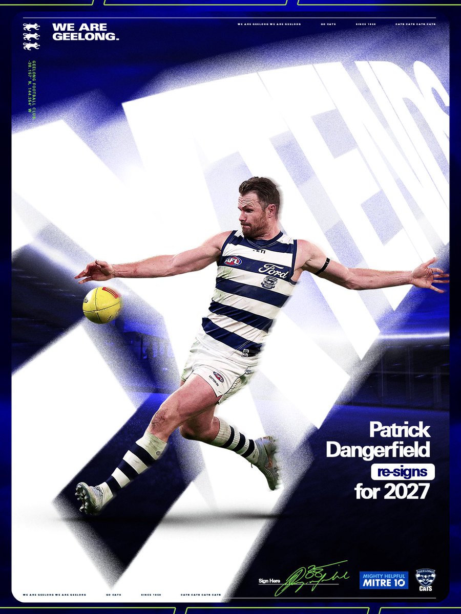 GeelongCats's tweet photo. Skipper’s not done yet 🔒Danger will play into his 20th AFL season, signing on for 2027! Read more here 👉 https://t.co/YhttLbCzej https://t.co/uqjzOkWzVT