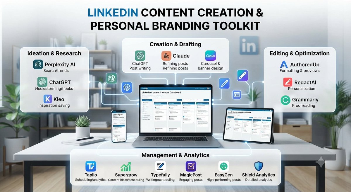 MinalTh31337565's tweet photo. LinkedIn content creation and personal branding, you can use:

Taplio – AI-powered LinkedIn post writing, scheduling, and analytics.
AuthoredUp – Improve LinkedIn post formatting, readability, and previews.
Supergrow – Generate LinkedIn content ideas, write posts, and schedule them.
MagicPost – Create engaging LinkedIn posts in your preferred tone.
EasyGen – Turn your ideas into high-performing LinkedIn posts.
RedactAI – Write personalized LinkedIn posts based on your writing style.
Kleo – Chrome extension to analyze top LinkedIn creators and save inspiration.
Typefully – Write, edit, and schedule LinkedIn (and X) posts.
Shield Analytics – Track LinkedIn content performance with detailed analytics.
ChatGPT – Write posts, carousels, hooks, comments, newsletters, and connection messages.
Claude – Refine long-form LinkedIn posts to sound more natural and human.
Perplexity AI – Research trends, statistics, and sources before writing posts.
Canva – Design LinkedIn carousels, banners, and post graphics.
Grammarly – Final proofreading and tone improvement before publishing.
