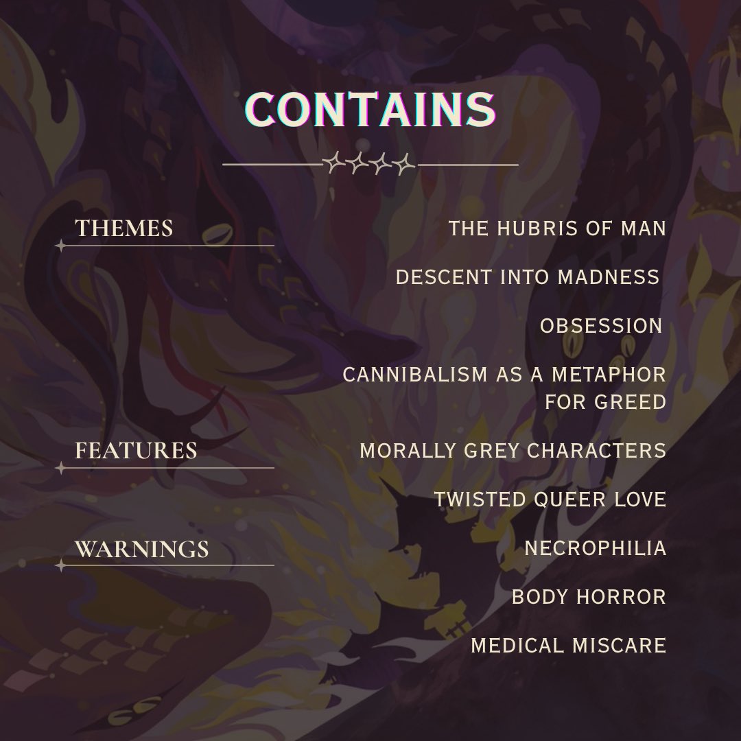 itsclchang's tweet photo. an editor’s guide to OUR FEAST SO DIVINE

an adult science-fantasy horror ft.
🩸 horny horror
🗡️ cosmic horror
🫀 a middle-aged MC &amp; old man yaoi
🥩 hallucinations &amp; obsession

editors, feel free to leave a ♥️ or contact my agent julie gourinchas! https://t.co/y6Mm2Jxd4U