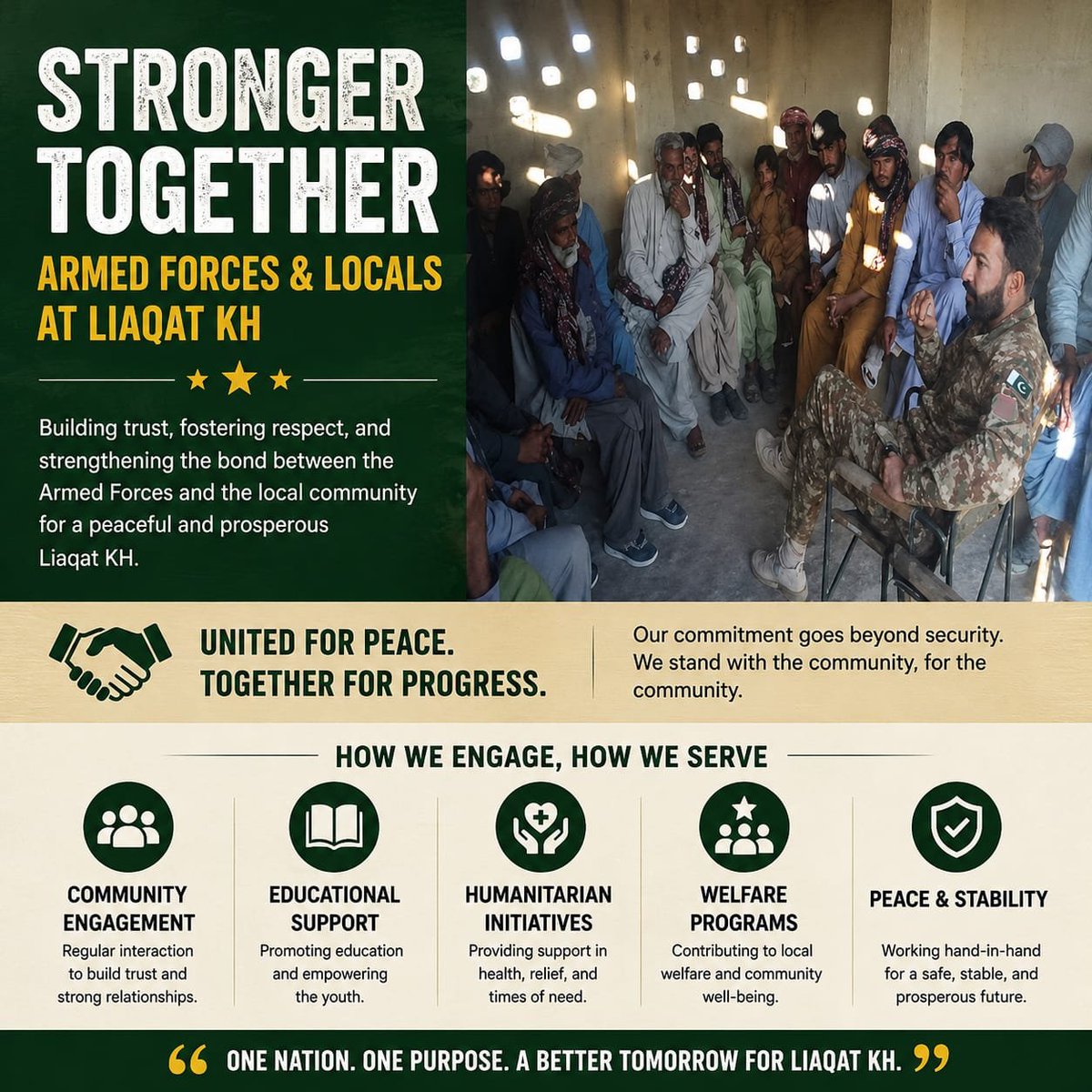 NeelumBugti's tweet photo. The armed forces’ engagement with the local community at Liaqat KH strengthens trust, cooperation, and unity while supporting peace, welfare, stability, and development.
#CommunityEngagement
#NationalUnity
#PublicWelfare
#PeaceAndDevelopment
#ArmedForces https://t.co/qAoCz83yv9