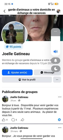 BRINDILLE851's tweet photo. Garde D'animaux Pour Les Vacances  ·
Isabelle Moutel
Bonsoir attention je signale ici Joëlle Gatineau qui est venu chez moi pendant 3 semaines garder mon cavalier king charles et mon chat.. cette personne est partie une journée avant la date prévue en laissant mes animaux seul à la maison en pleine canicule les clés sur la table et les portes de la maison non fermées à clé  étant à l'étranger j'ai dû faire appel en urgence à mes voisins qui sont venus vite s'occuper de mes animaux et fermer la maison à clés. Plusieurs autres personnes ont déjà dénoncé cette personne, qui malheureusement utilise plusieurs profils faites attention à elle ne la recevez pas chez vous. Bien sûr depuis je n'ai aucune nouvelle elle ne répond pas à mes messages et mes appels .
