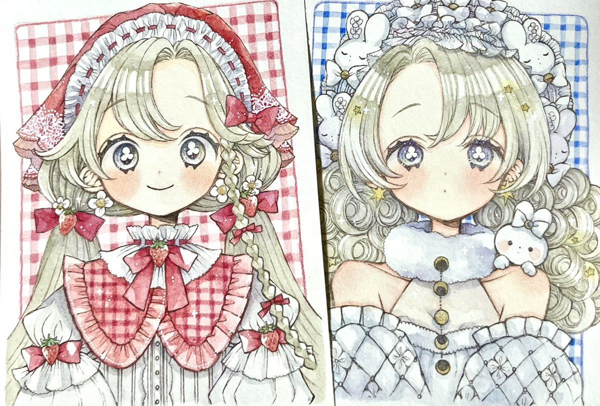 そうさくマーケットに持っていくハガキサイズ原画🍓🌕 個展で額装原画