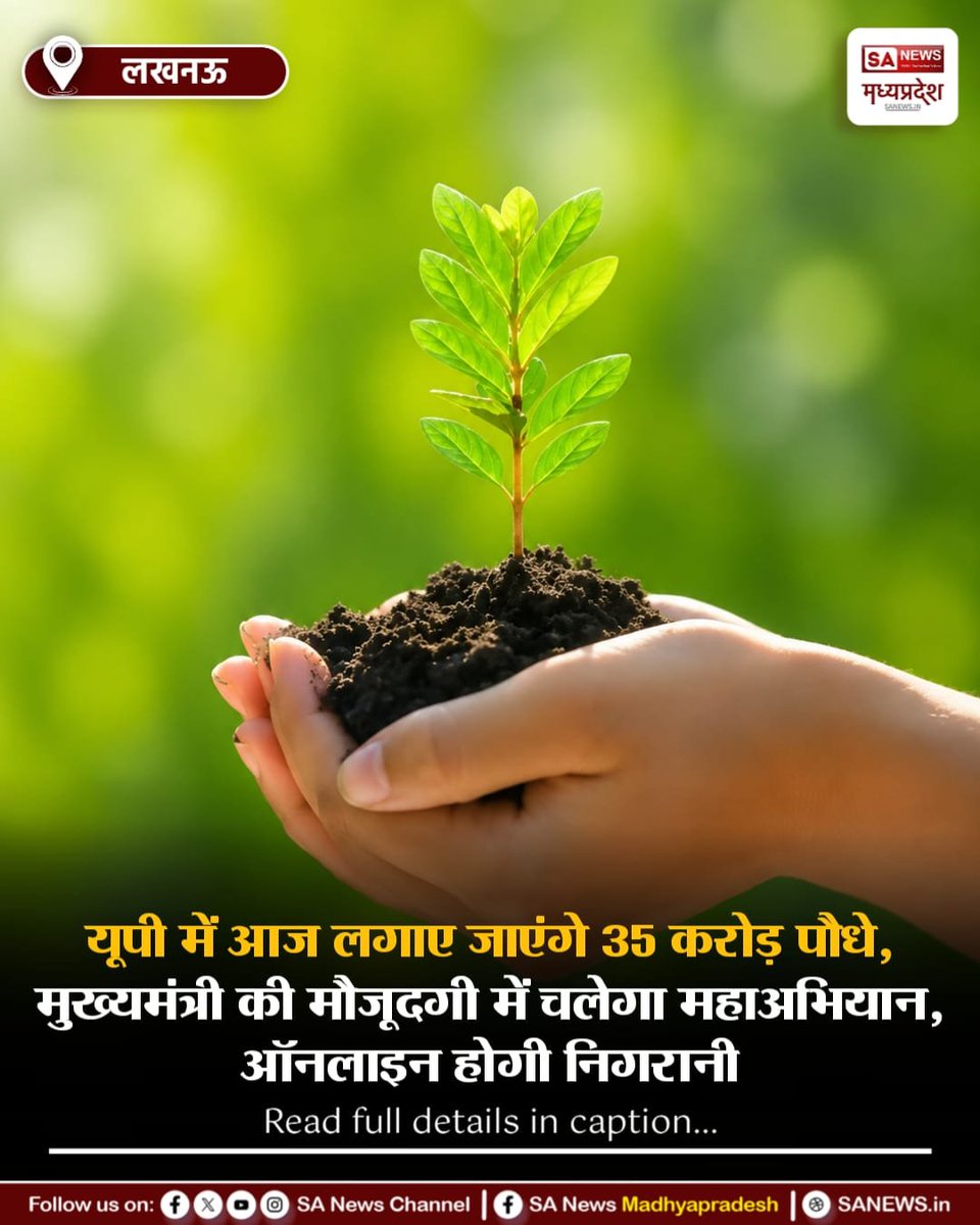 SAnewsMP's tweet photo. लखनऊ | उत्तर प्रदेश में आज 35 करोड़ पौधे लगाए जाएंगे। मुख्यमंत्री की मौजूदगी में अभियान की निगरानी ऑनलाइन होगी, जिससे पारदर्शिता और पर्यावरण संरक्षण को बढ़ावा मिलेगा
#TreePlantation #UttarPradesh #EnvironmentAmbassador
#GreenIndia #SANewsMP https://t.co/zAcSi1O8KL