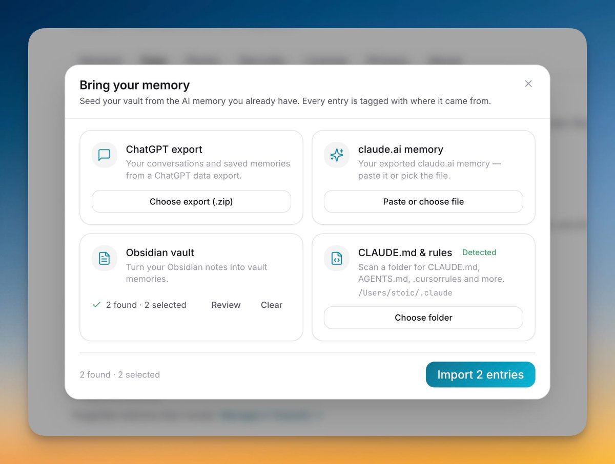 stoicsoft's tweet photo. Your AI memory gets messy fast. 1AIVault v1.7.0 adds an Improve queue that merges near-duplicate memories into one clean entry, shareable memory packs, a passcode vault lock, Grok CLI support, and scheduled classification. One undo reverses any change. https://t.co/2jOBjng9tx