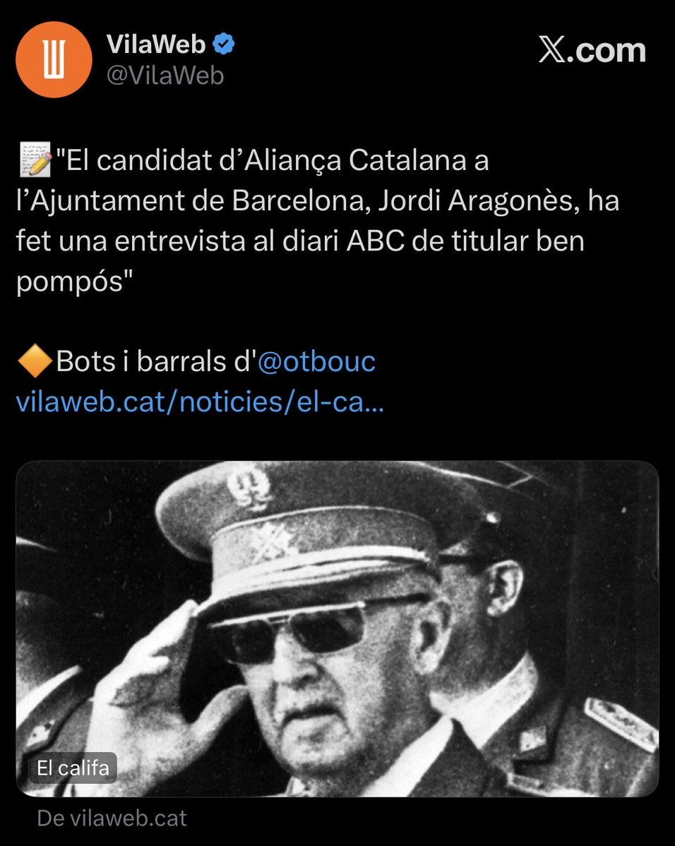 jordiamelabcn's tweet photo. Gràcies, VilaWeb. Gràcies per continuar estirant el xiclet de la desinformació. De la manipulació periodística a uns nivells que el mateix Goebbels aplaudiria.

Gràcies per fer veure als ciutadans com de podrida està la política, que necessita subornar periodistes perquè continuïn als seus càrrecs.

VilaWeb, és curiós que us queixeu dels titulars quan us negueu a entrevistar un grup parlamentari, tot i cobrar una subvenció pública que, de no rebre-la, probablement us suposaria la fallida tècnica.

Gràcies per mostrar la cara més fosca del veritable feixisme, aquell que fa callar i intenta distorsionar la percepció de la gent.

Associar la cara de Franco amb un candidat és barroer, cínic i patètic.

I potser també caldria associar la d’en Partal amb la d’un mesell, un esclau vestit amb làtex llepant les botes de qui li tira diners a cabassos perquè pugui omplir-se les butxaques.

VilaWeb serà tancada. Ho pronostico.
@VilaWeb @vpartal @jordiaragonesm