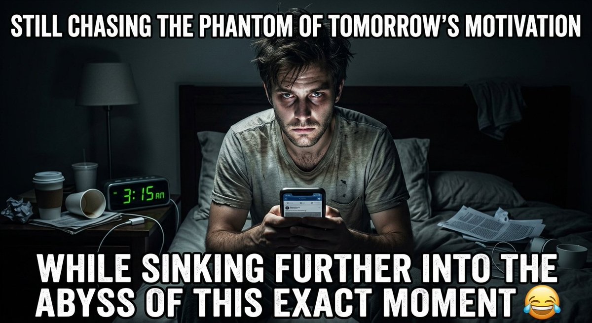 ShubhamS270's tweet photo. 2026 and I'm still romanticizing 'tomorrow I'll be productive' while doomscrolling at 2am knowing tomorrow will be the same😂

The cycle is vicious and I'm thriving in it somehow https://t.co/CwzVh1auTg