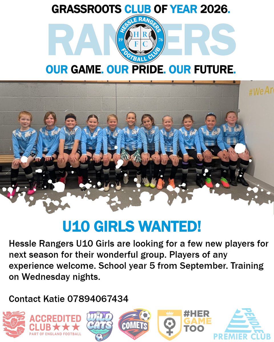 HessleRangers's tweet photo. Hessle Rangers U10 Girls (26/27) are looking for additional Y5 Girls for the new season. Players of any experience welcome. Contact Katie or email hesslerangers@hotmail.com 

@EastRidingFA @ERGFL 

🩵🤍 #UTR #OurGameOurPrideOurFuture https://t.co/Mn1blM9NWQ