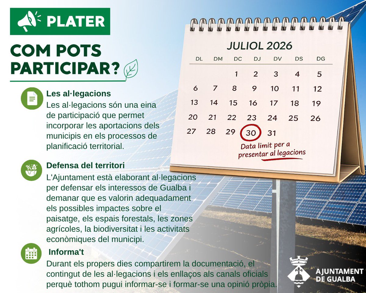 gualbainfo's tweet photo. 🌿 El PLATER és en informació pública. L’Ajuntament de #Gualba prepara al·legacions per protegir el paisatge, boscos, zones agrícoles, biodiversitat i l’activitat econòmica. 📝

📅 Al·legacions fins al 30 de juliol. Properament compartirem la informació i els enllaços oficials. https://t.co/0lIdsqgRJs