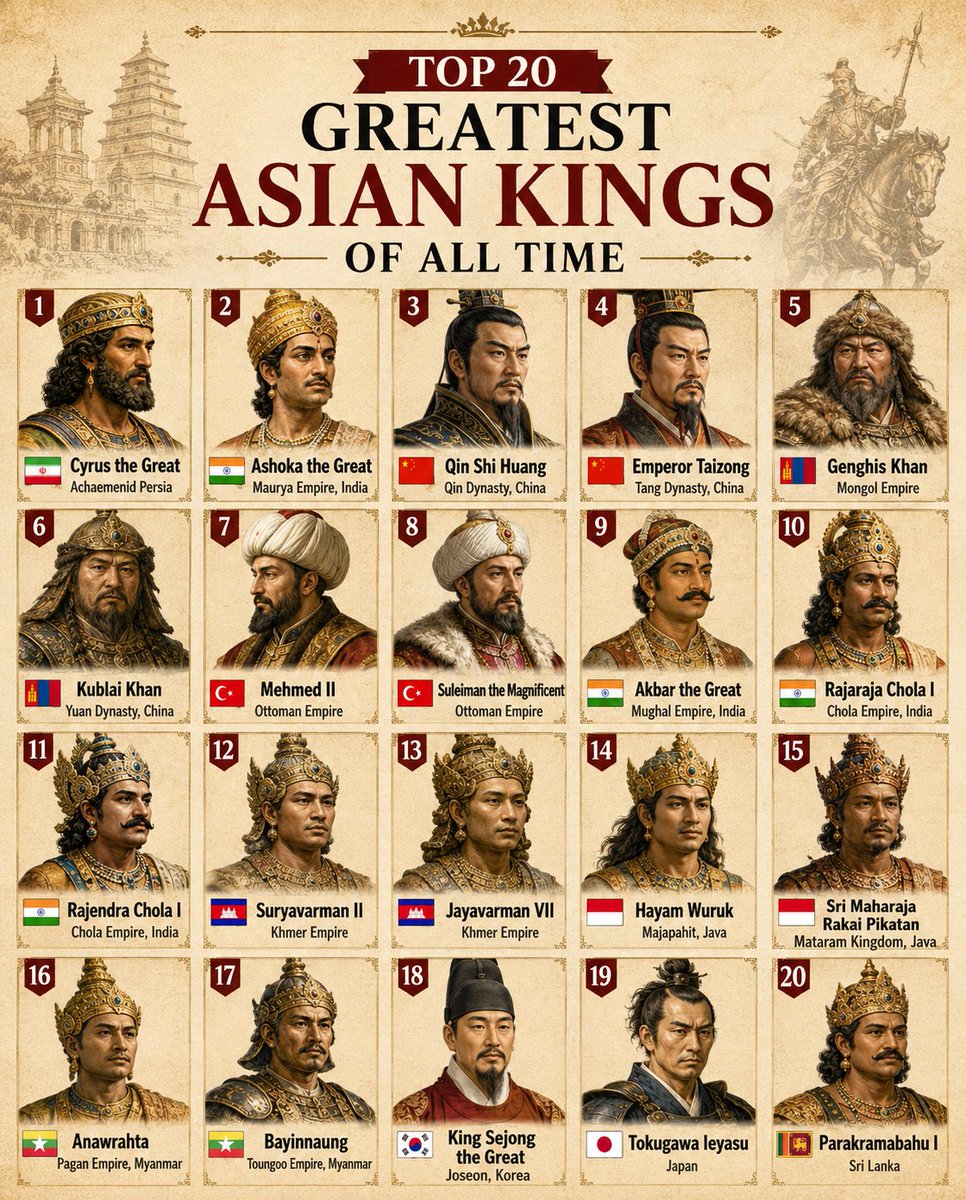 TheDataHubX's tweet photo. Top 20 Greatest Asian Kings of All Time

1. 🇮🇷 Cyrus the Great - Achaemenid Persia
2. 🇮🇳 Ashoka the Great - Maurya Empire, India
3. 🇨🇳 Qin Shi Huang - Qin Dynasty, China
4. 🇨🇳 Emperor Taizong - Tang Dynasty, China
5. 🇲🇳 Genghis Khan - Mongol Empire
6. 🇲🇳 Kublai Khan - Yuan Dynasty, China
7. 🇹🇷 Mehmed II - Ottoman Empire
8. 🇹🇷 Suleiman the Magnificent - Ottoman Empire
9. 🇮🇳 Akbar the Great - Mughal Empire, India
10. 🇮🇳 Rajaraja Chola I - Chola Empire, India
11. 🇮🇳 Rajendra Chola I - Chola Empire, India
12. 🇰🇭 Suryavarman II - Khmer Empire
13. 🇰🇭 Jayavarman VII - Khmer Empire
14. 🇮🇩 Hayam Wuruk - Majapahit, Java
15. 🇮🇩 Sri Maharaja Rakai Pikatan - Mataram Kingdom, Java
16. 🇲🇲 Anawrahta - Pagan Empire, Myanmar
17. 🇲🇲 Bayinnaung - Toungoo Empire, Myanmar
18. 🇰🇷 King Sejong the Great - Joseon, Korea
19. 🇯🇵 Tokugawa Ieyasu - Japan
20. 🇱🇰 Parakramabahu I - Sri Lanka