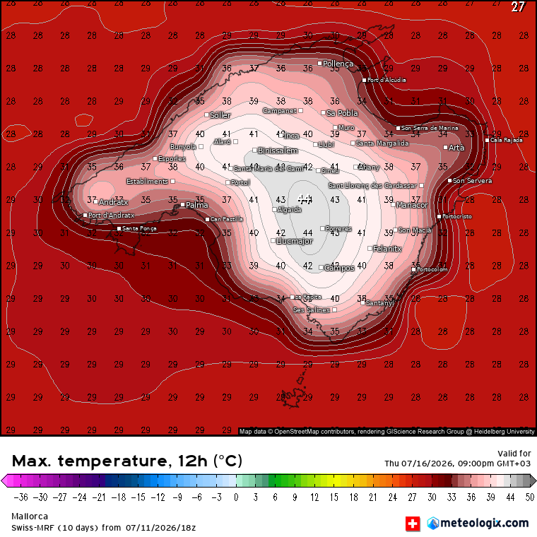 globerourdiales's tweet photo. 🚨Posible ola de calor extremo en Baleares. Here We Go! Los días 15/16 de julio 2026 podrían pasar a ser efeméride en la isla de Mallorca debido a las altísimas temperaturas. Es pronto para afinar las máximas pero todo apunta a valores por encima de 40°C en el interior de la isla https://t.co/Yxcn3Xw3LX
