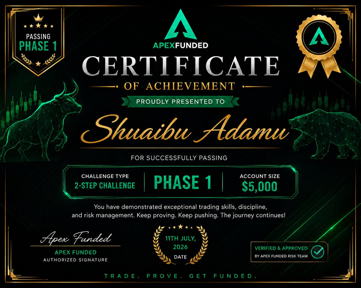 APEXFUNDED5qe's tweet photo. 🏆 Congratulations to Shuaibu Adamu on successfully passing the $5,000 2-Step Challenge Phase 1 with Apex Funded!
Your discipline, consistency, and patience are paying off. This is only the beginning of the journey. 🚀
Keep pushing, stay focused, and get ready for the next phase! 💚
#ApexFunded #FundedTrader #ForexTrading #PropFirm #TradingSuccess #Phase1Passed #ForexCommunity #TradingJourney #TradeToEarn #FundedAccount
X: https://t.co/FksSQLQxVc⁠�
Discord: https://t.co/WM9FHdKA6V⁠�
Telegram: https://t.co/qVoROOMmxC⁠�
Instagram: https://t.co/5Z3OMqS2hz⁠�
YouTube: https://t.co/xQuuRoRr48⁠�