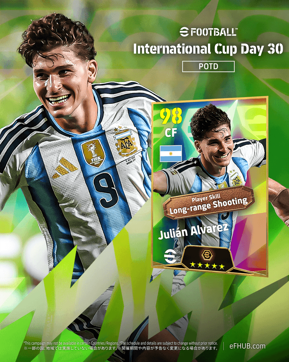 eFHUBx's tweet photo. [PREDICTIONS] JULIÁN ALVAREZ 🇦🇷🕷️

🌪️ Absolute rocket from Julián Álvarez to send Argentina to the semis!

#eFootball2026 | #eFHUB https://t.co/NYiQdogbda