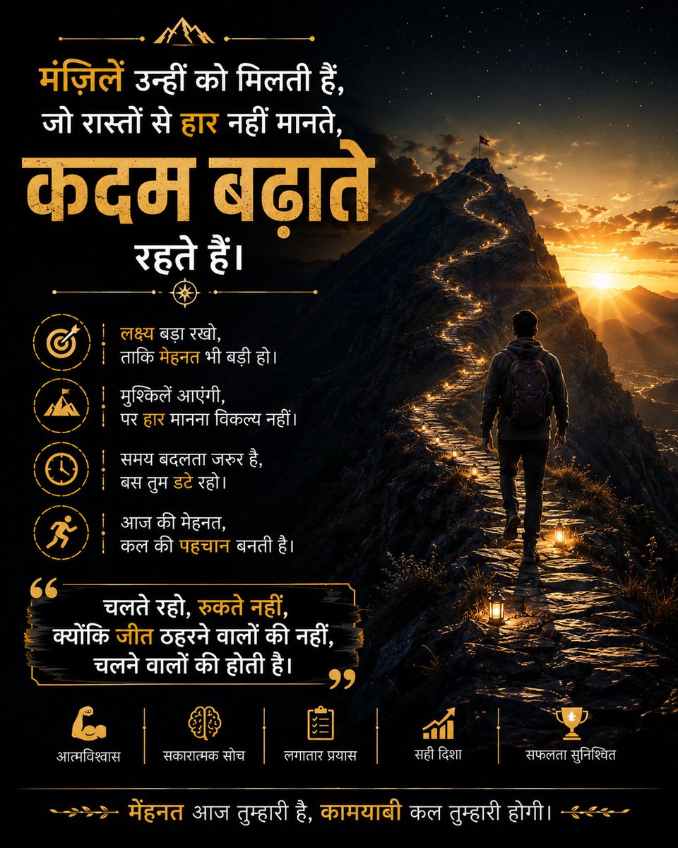 BrightTech4's tweet photo. मंज़िल उन्हीं की होती है जो हर दिन खुद को कल से बेहतर बनाते हैं।
चलते रहिए, क्योंकि हर छोटा कदम आपको आपके बड़े सपनों के करीब ले जाता है। 🌄✨
#Motivation #LifeQuotes #Success #Mindset #SelfGrowth #Inspiration #NeverGiveUp #सुविचार #प्रेरणा #सफलता https://t.co/LQiT2ViQ2J