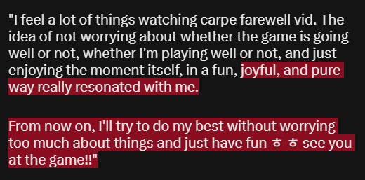 fakermeteor's tweet photo. Zest from T1 Overwatch (carpe ex-teammates) mentioned #carpe farewell vid
"I feel a lot of things watching carpe farewell vid. The idea of not worrying about whether the game is going well or not, whether I'm playing well or not, and just enjoying the moment itself, in a fun-- https://t.co/Tc31WrnLQQ