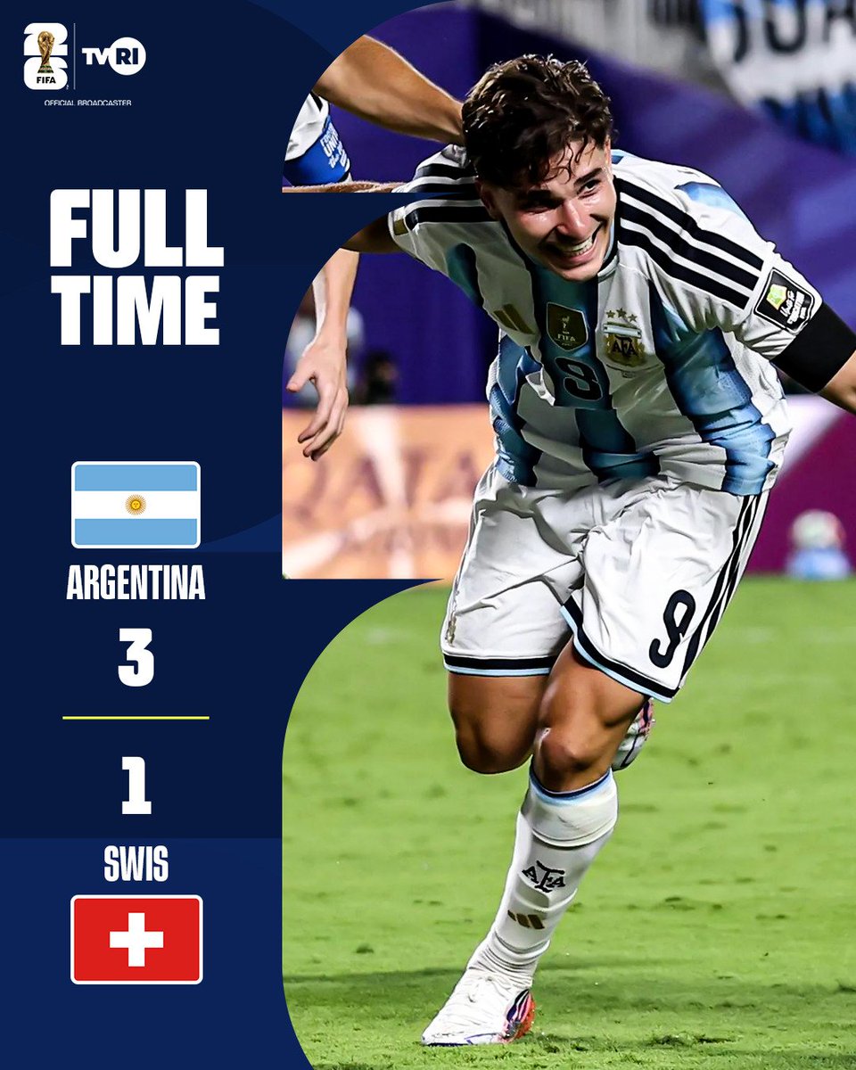 TVRISportHD's tweet photo. Pencetak Gol ⚽️
Argentina 🇦🇷: Alexis Mac Allister (10'), Julian Alvarez (112')  Lautaro Martinez (120+1')

Swis 🇨🇭: Dan Ndoye (67')

Kartu Merah 🟥
Swis 🇨🇭: Breel Embolo (72')

Argentina melaju ke semifinal Piala Dunia 2026 usai mengalahkan Swis di Kansas City 👏🏼  (1/3) https://t.co/ICz4C4HyP5