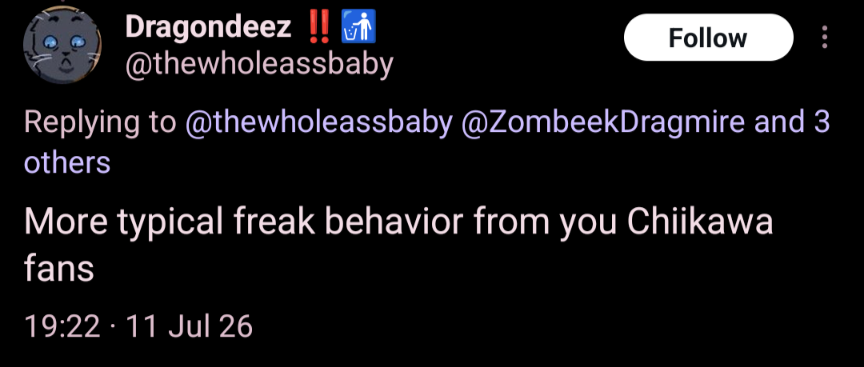ZombeekDragmire's tweet photo. @RETR0_STARZZ @thewholeassbaby @cheshireviolets @Science_Patrols More typical freak behavior from you warrior fans https://t.co/VamnKDnW4C
