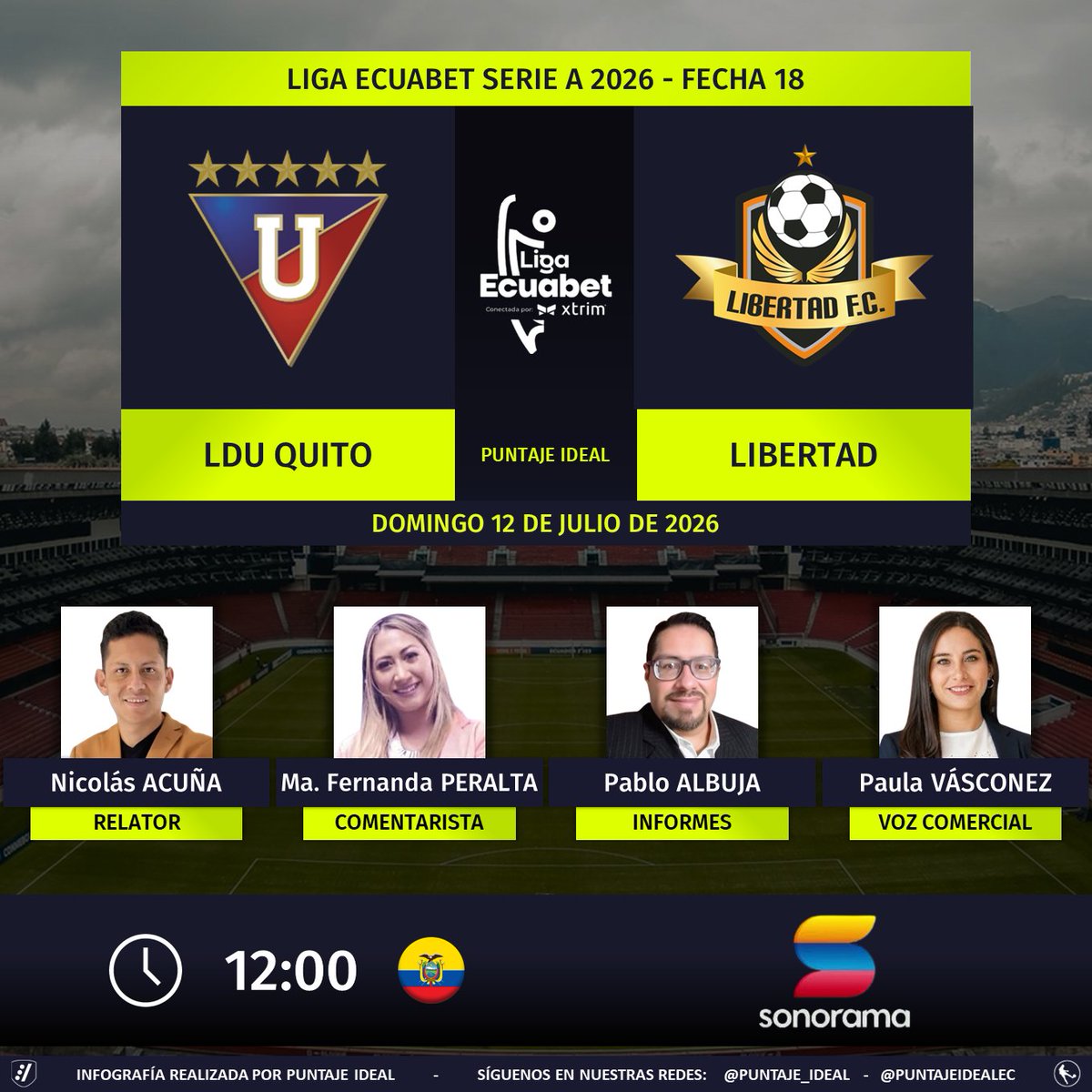 PuntajeIdealEC's tweet photo. ⚽ #LigaEcuabet 🇪🇨 | #LDU vs. #Libertad 
🎙 Relator: @nicolasjhon 
🎙 Comentarista: @MaferPeralta93 
📋 Informes: @pablo_albuja
🎙 Voz comercial: Paula Vásconez
📻 @SonoramaEc
🤳 #LaGranSeñalNacional
Dale RT 🔃 https://t.co/VOIEhOW9MT