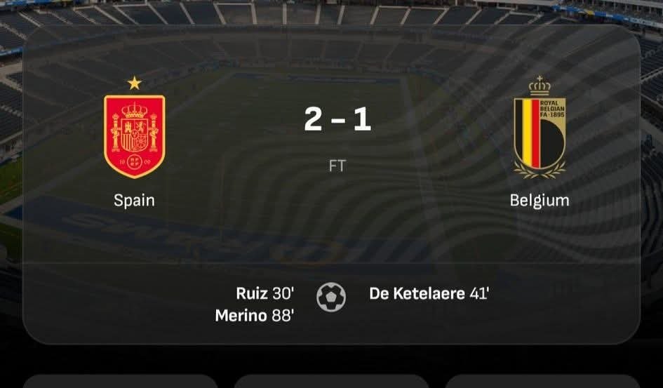 Bappa_Tee's tweet photo. 🇪🇸 Spain 2-1 Belgium 🇧🇪

Spain took the lead through Fabián Ruiz, but Belgium fought back to level the score. Substitute Mikel Merino made the difference, coming off the bench to score the winner and send La Roja into the next round. https://t.co/AlrVNlDJIq