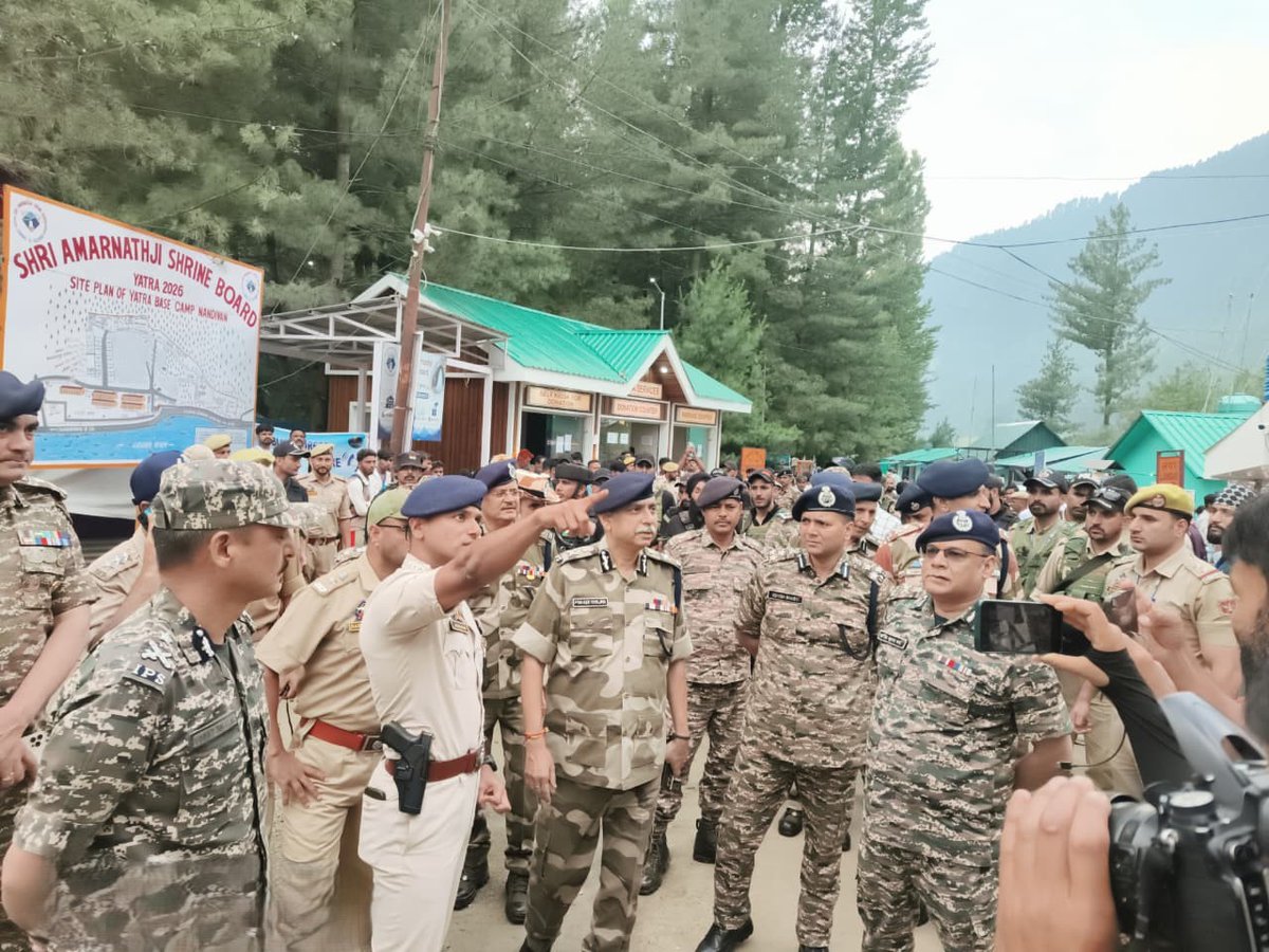 CISFHQrs's tweet photo. DG CISF Reviews Security Preparedness for Ongoing Shri Amarnath Ji Yatra-2026 

Shri Praveer Ranjan, Director General, CISF, accompanied by Shri Sudhir Kumar, ADG (North) and Shri M. K. Yadav, DIG/NZ-II, visited Nunwan Base Camp, Pahalgam, to review the security arrangements for the ongoing Shri Amarnath Ji Yatra-2026. The visit included a comprehensive assessment of deployment plans, access control measures, surveillance systems, communication networks, medical support, logistics and inter-agency coordination to ensure the safety and security of pilgrims.

During the visit, the DG inspected key operational locations, including check posts, communication centres, QRTs, QATs, CCTV Control Room and other critical security installations. He also interacted with deployed personnel, health workers and women personnel, appreciated their dedication and professionalism and emphasized the importance of maintaining the highest standards of operational readiness, strict adherence to SOPs, continuous vigilance and seamless coordination among all security agencies throughout the Yatra.

A high-level security review meeting was also chaired by the DG with senior officers of #CISF, #CRPF, #ITBP, #JammuAndKashmir Police and the civil administration to review the overall security architecture and preparedness. Commending the commitment of all personnel, the DG expressed confidence that the security forces will continue to ensure the smooth, safe and incident-free conduct of the Shri Amarnath Ji Yatra-2026.

#ShriAmarnathJiYatra2026 #OperationalReadiness #NationFirst #InterAgencyCoordination
#harharmahadev #pahalgam

@HMOIndia 
@PIB_India 
@mygovindia 
@DDNewslive 
@JmuKmrPolice 
@CISFNorth  
@crpfindia  
@ITBP_official