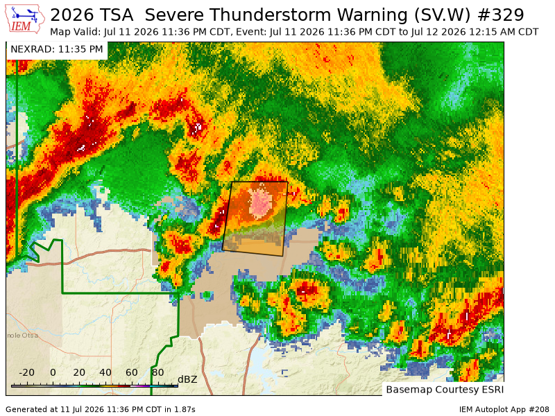 iembot_ok's tweet photo. TSA issues Severe Thunderstorm Warning [wind: 60 MPH (RADAR INDICATED), hail: 1.00 IN (RADAR INDICATED)] for McIntosh, Muskogee, Okmulgee [OK] till 12:15 AM CDT https://t.co/pmhSxYDswb https://t.co/CM2viPMuD0