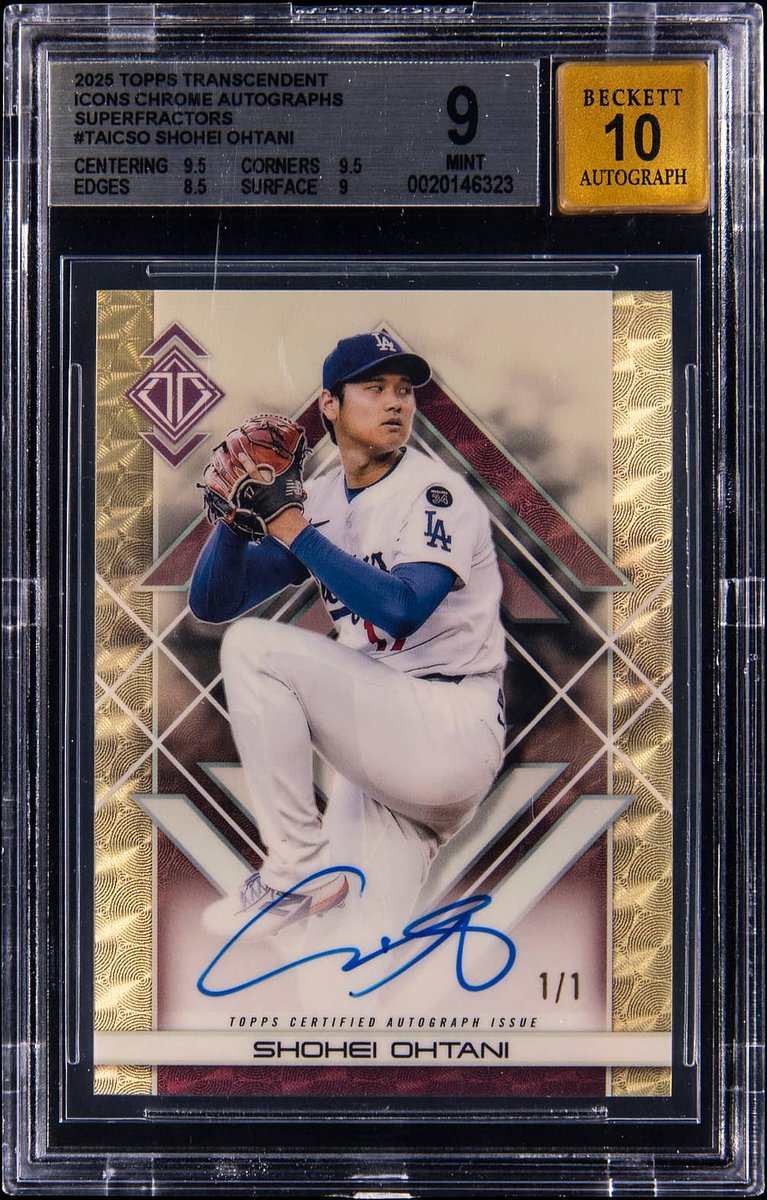 GoldinCo's tweet photo. Final Sale Price on this 2025 Topps Transcendent Icons Chrome Autographs SuperFractor Shohei Ohtani Signed Card (#1/1) - BGS MINT 9, Beckett 10: $158,600

Email Sell@Goldin.com to consign your Shohei Cards to one of our upcoming Auctions! https://t.co/GlrwHrxPeo